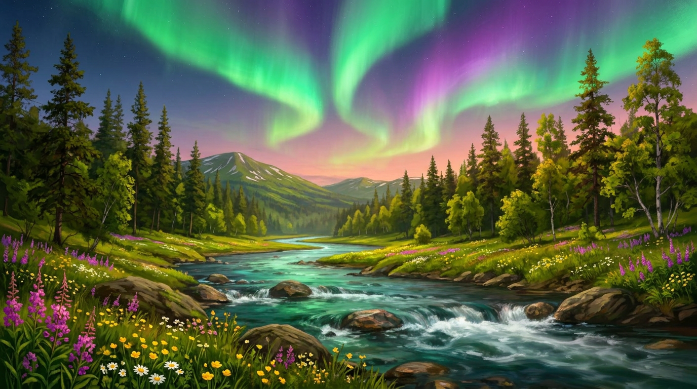Aurora over a flowing northern river