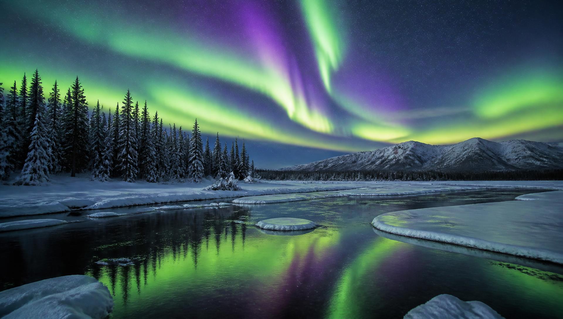 Aurora over a flowing northern river